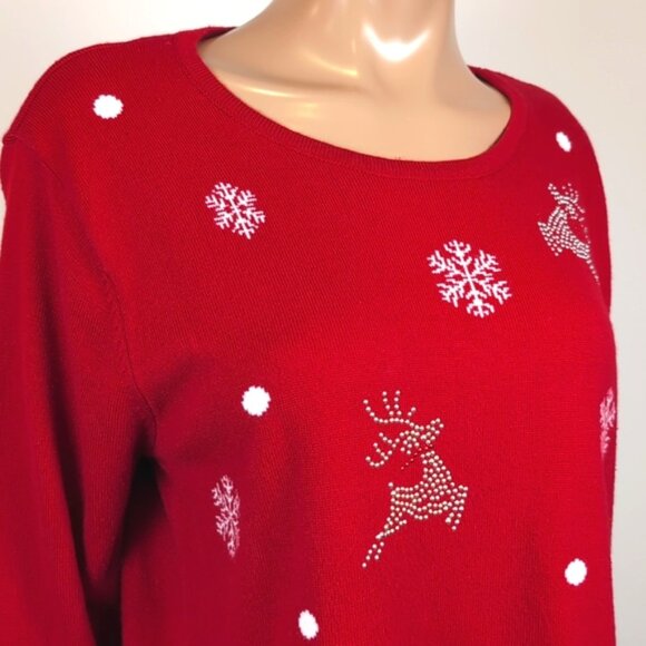 Vintage La Madonna Reindeer Christmas Sweater Studded Snowflake Festive Holiday - Picture 3 of 12